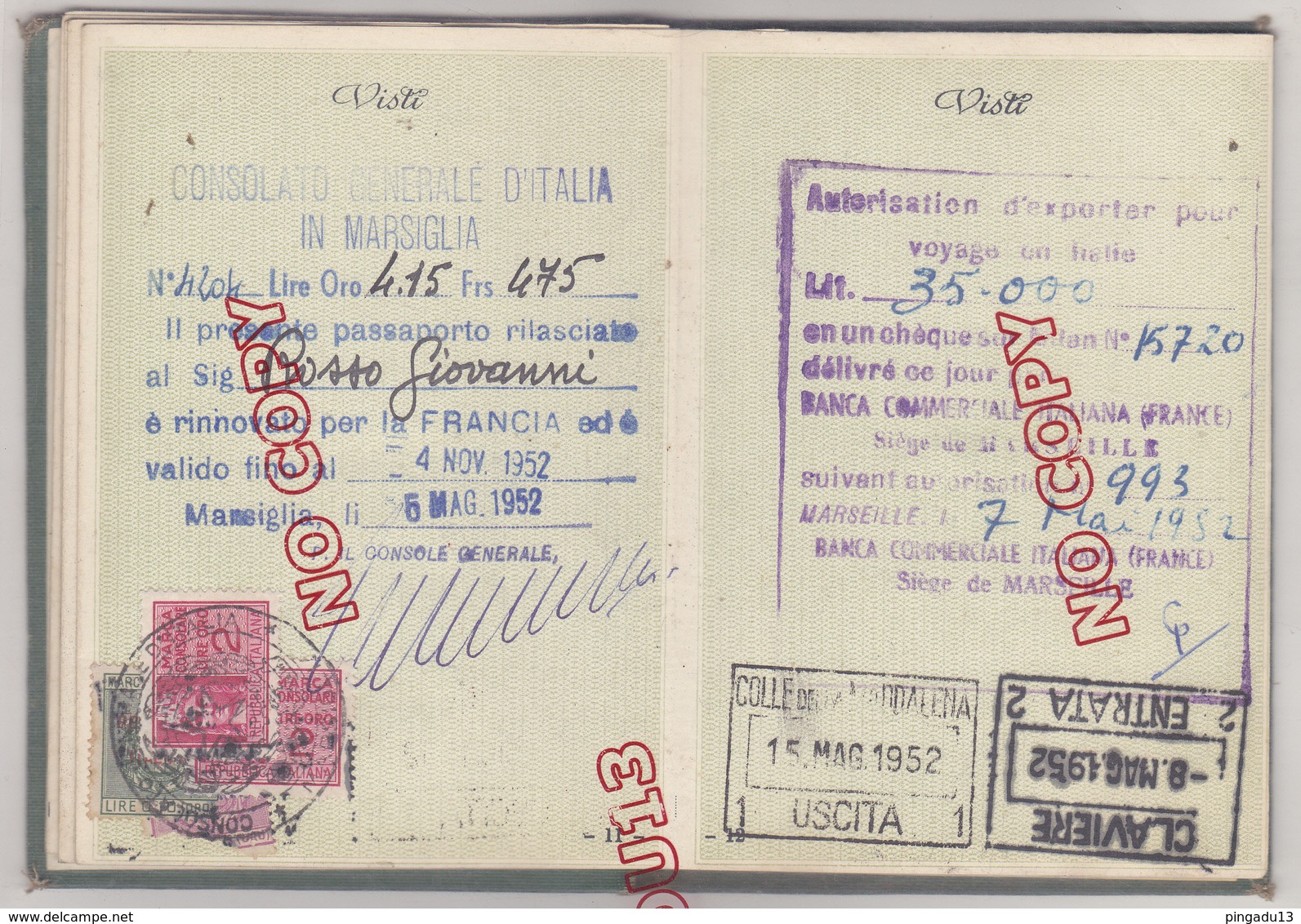 Passaporto per l'estero passeport Italie timbre fiscal France 21 juin 1948 très bon état