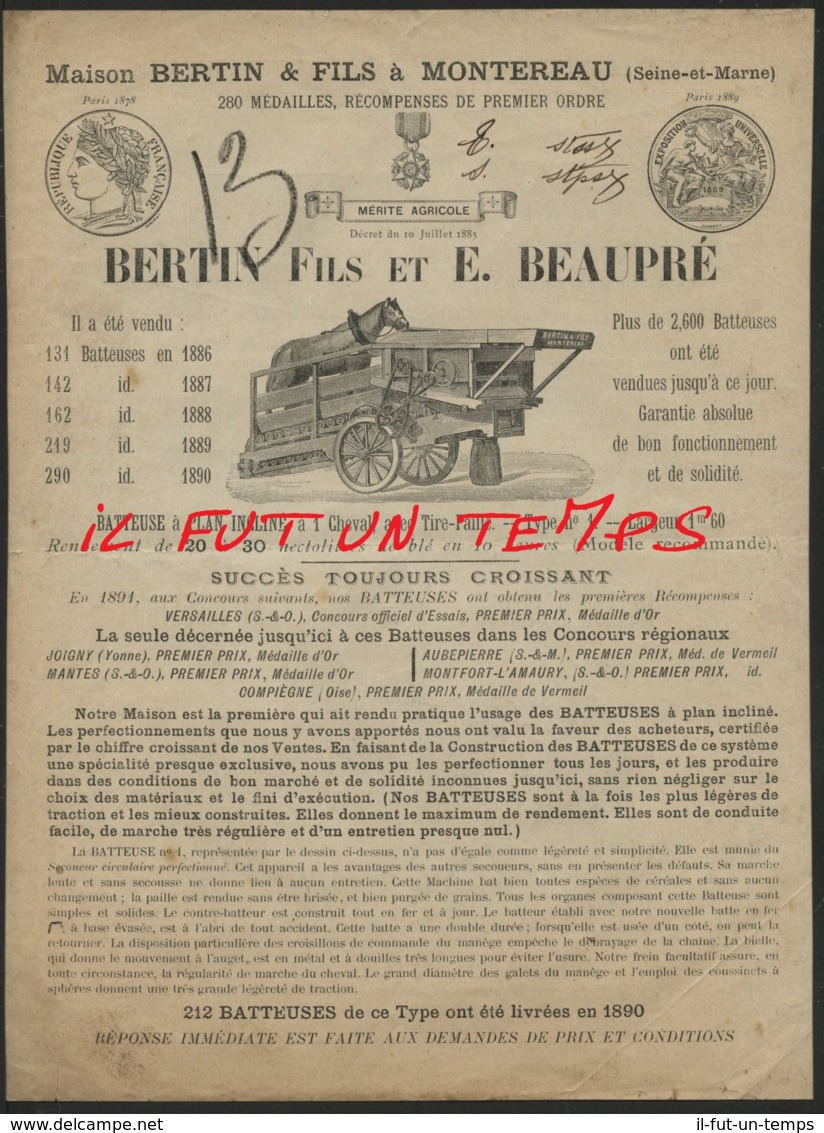 18--/ MONTEREAU / BERTIN Fils Et E. BEAUPRE - Batteuse à Plan Incliné à 1 Cheval Avec Tire Paille - 1800 – 1899