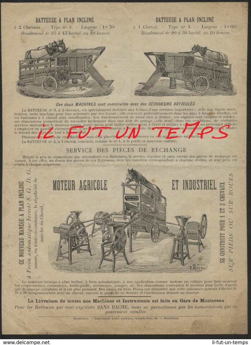 18--/ MONTEREAU / BERTIN Fils Et E. BEAUPRE - Batteuse à Plan Incliné à 1 Cheval Avec Tire Paille - 1800 – 1899