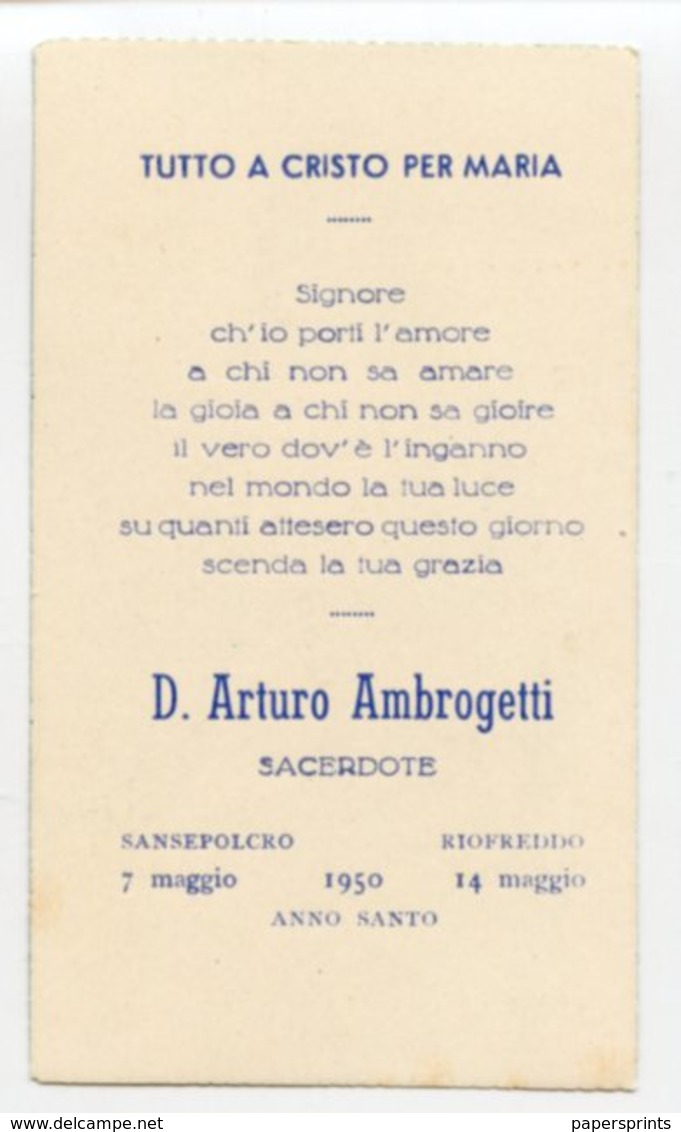 Sansepolcro AR - Santino Antico RICORDO D. ARTURO AMBROGETTI Sacerdote 1950 (Marcato Eb 865) - OTTIMO P92 - Religione & Esoterismo