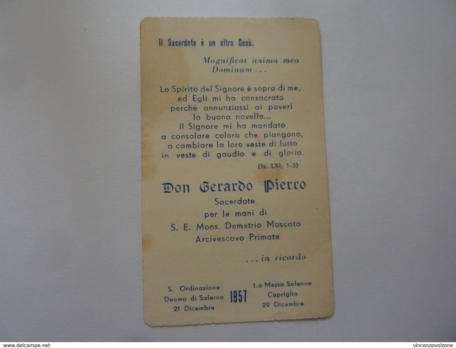 Santino "Ordinazione Sacerdotale DON GERARDO PIERRO Salerno 1957" - Images Religieuses