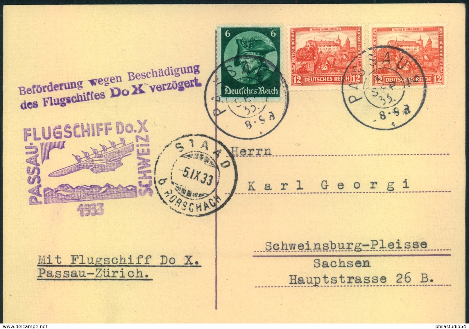 1933, FLUGSCHIFF DO-X PASSAU-SCHWEIZ, Karte Mit Verzögerungsstempel - Autres & Non Classés