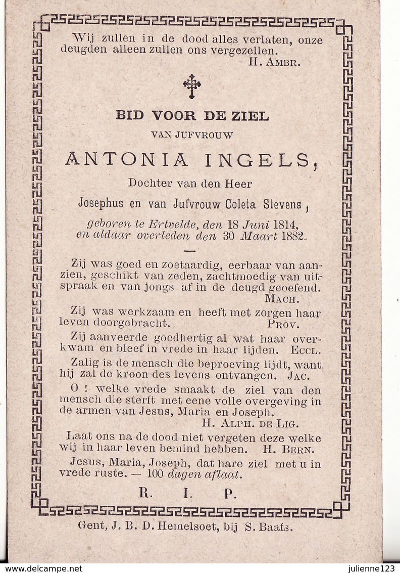 GEBOREN TE ERTVELDE 1814+1882 ANTONIA INGELS. - Religion & Esotérisme