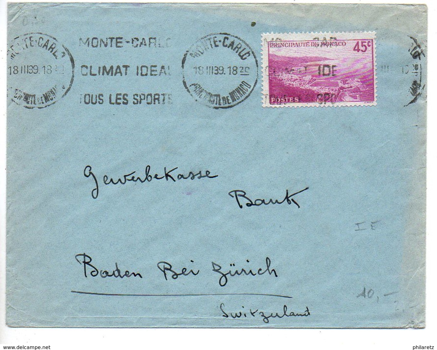 Monaco : N° 173 Seul Sur Lettre De 1939 Pour La Suisse - Tarif Imprimés Pour L'étranger (Rabat Non Collé) - Lettres & Documents