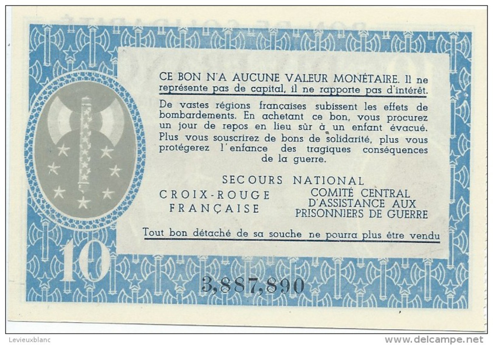 Bon De Solidarité/Dix Francs/ Maréchal PETAIN/Au Profit Des Populations Civiles/1940-1944    BILL139septi - 1939-45