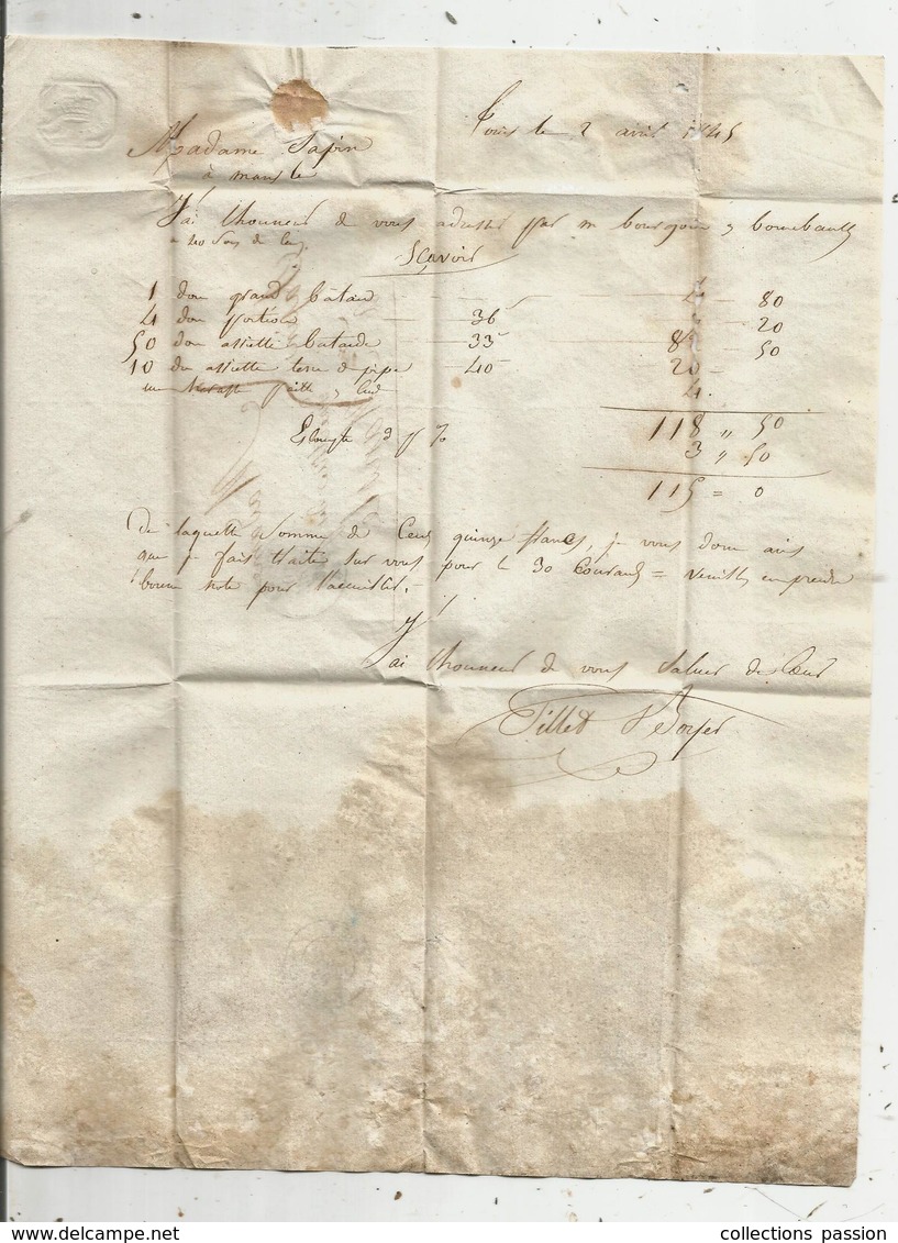 Lettre - Facture ,1845 , TOURS ,  POITIERS , 4 Scans - 1801-1848: Précurseurs XIX