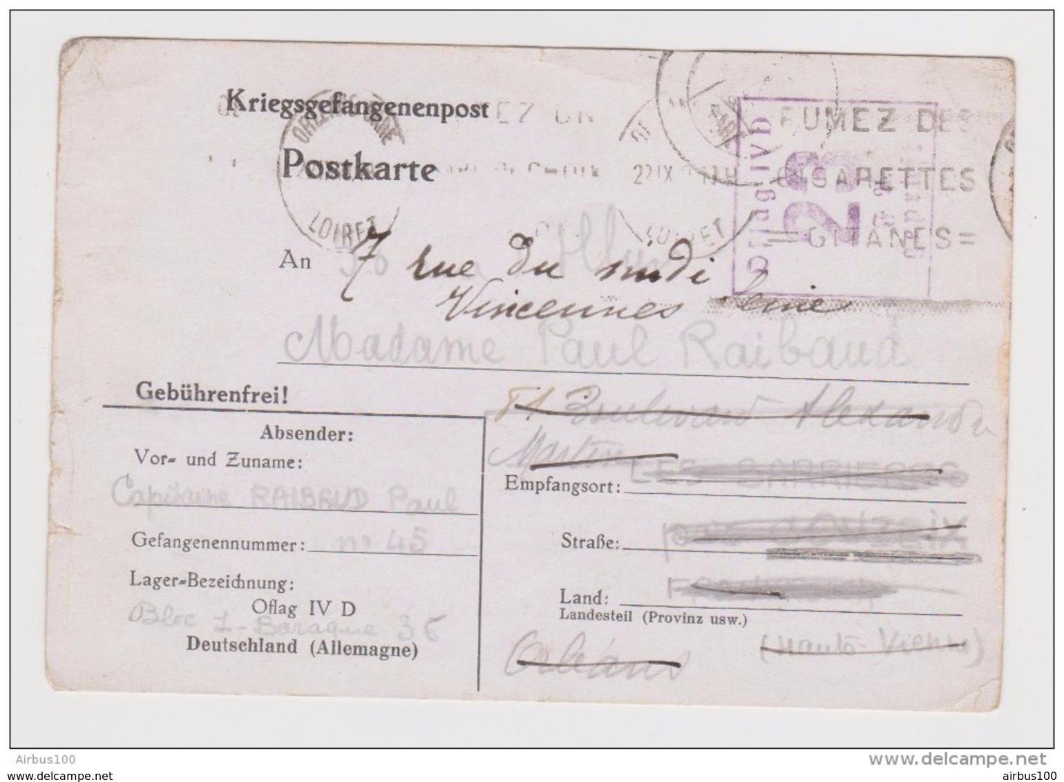 KRIEGSGEFANGENENPOST PRISONNIER CARTE 1940 CAPITAINE PAUL RAIBAUD N° 45 OFLAG IV D 22 BLOC 1 BARAQUE 36 - Cig GITANES - Guerre De 1939-45