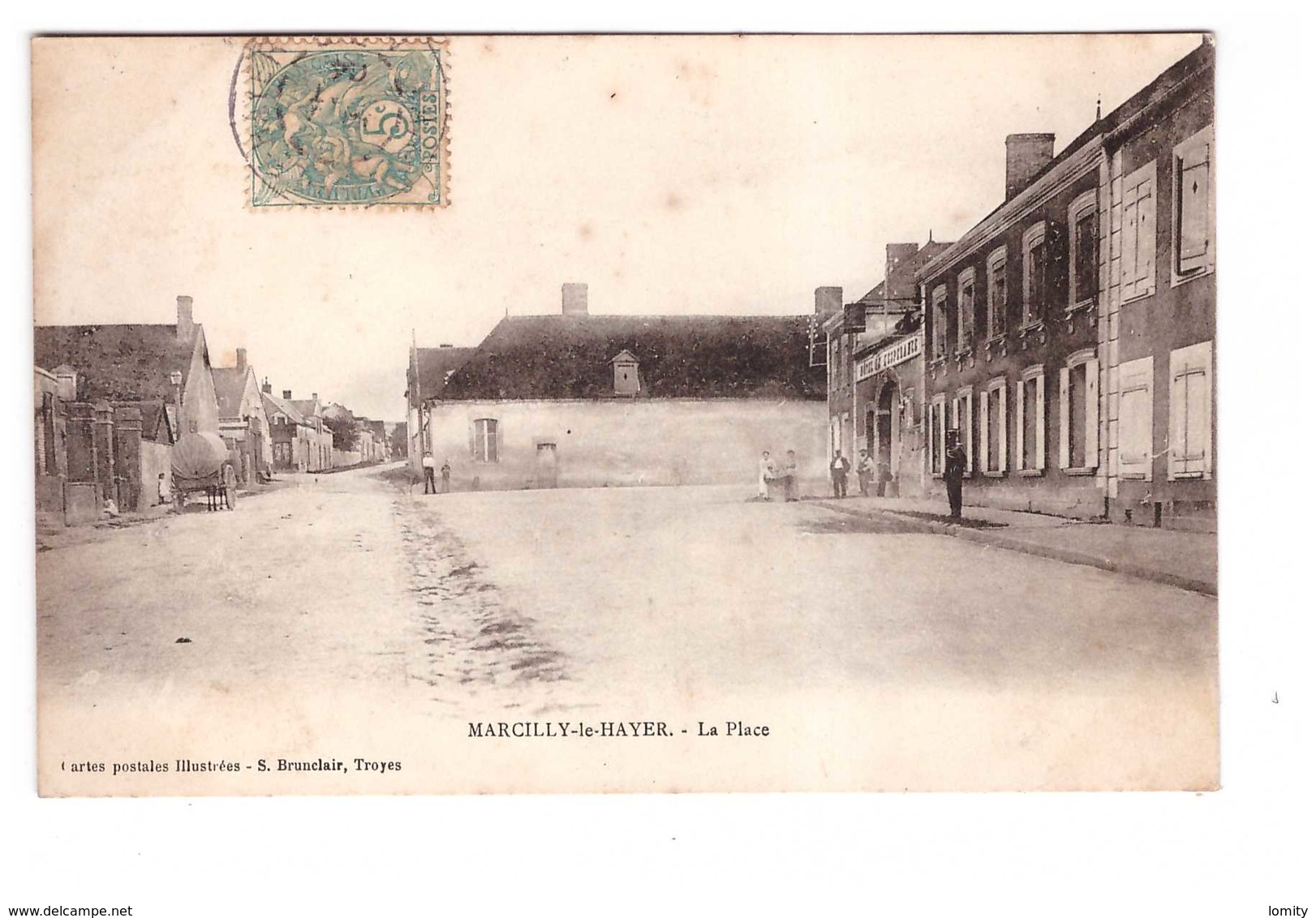 10 Marcilly Le Hayer La Place Edit Brunclair Cpa Carte Animée Cachet 1904 Griffe Origine Rurale OR - Marcilly