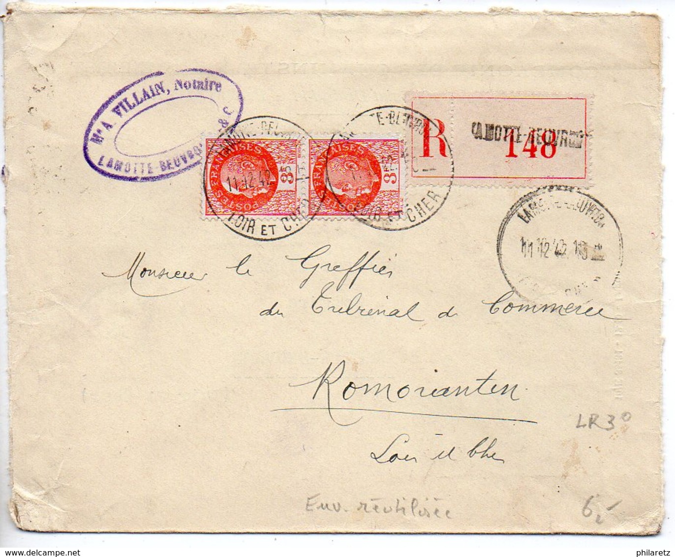 Paire 3F Pétain Sur Lettre Recommandée Du 3e échelon De 1942 - Enveloppe Réutilisée (recommandée 1f50 X3) - 1921-1960: Periodo Moderno