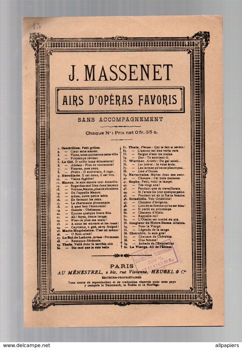 Partition Adieux De Manon Par J. Massenet - Airs D'opéras Favoris - Opéra