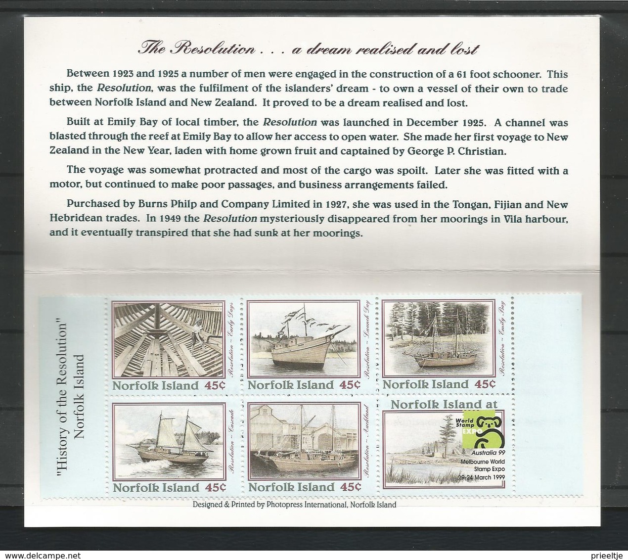 Norfolk 1999 The History Of The Resolution Booklet Y.T. C 660 ** - Ile Norfolk