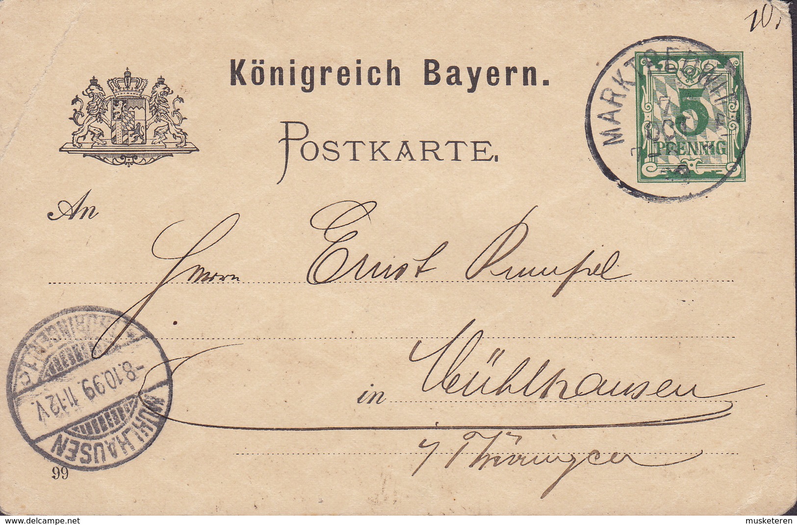 Bayern Postal Stationery Ganzsache Entier 5Pf. MARKTREDWITZ 1899 MÜHLHAUSEN Thüringen (Arr. Cds.) (2 Scans) - Sonstige & Ohne Zuordnung