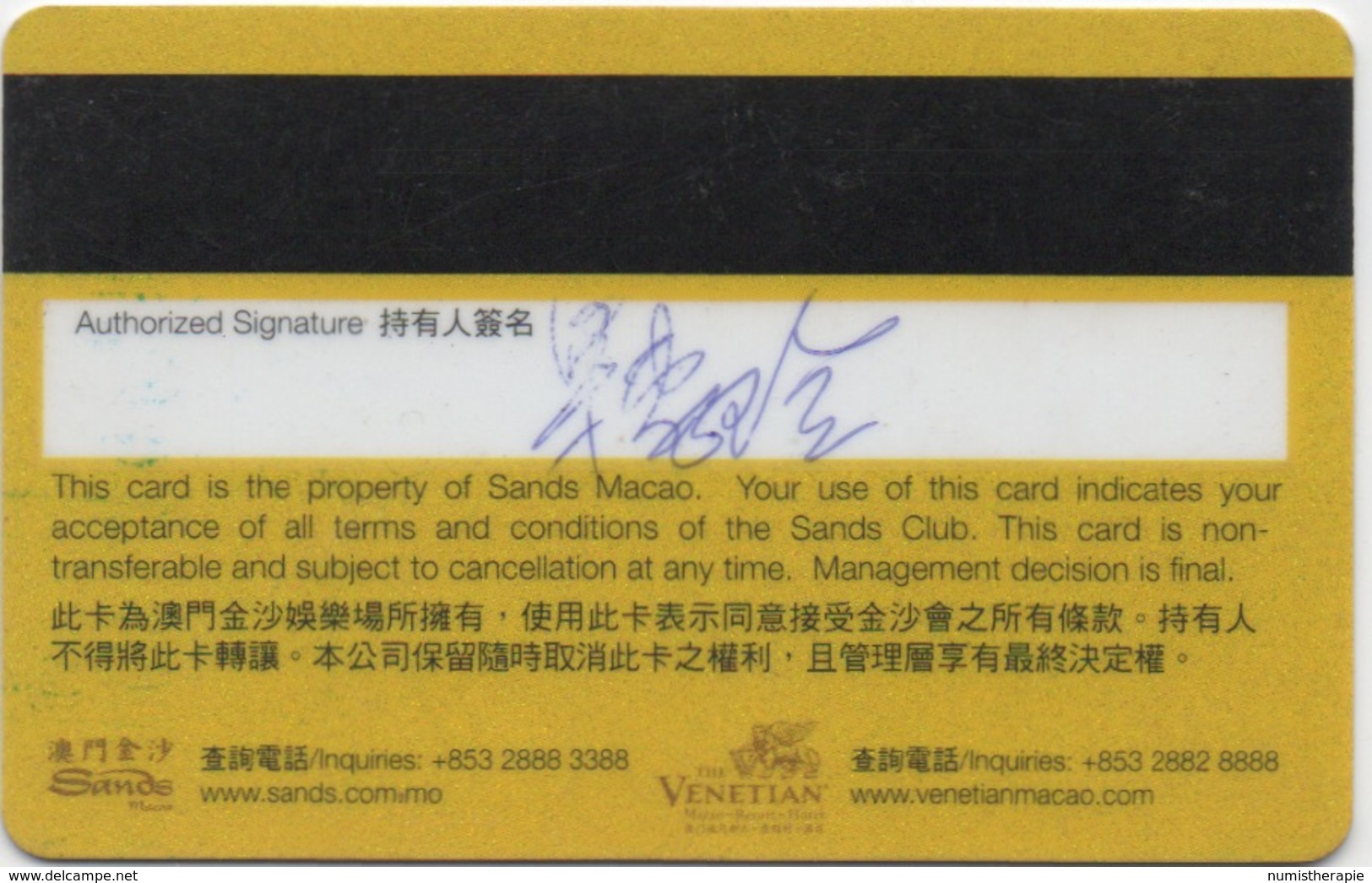 Carte De Membre Casino : Sands 澳門金沙 Macau Macao - Cartes De Casino