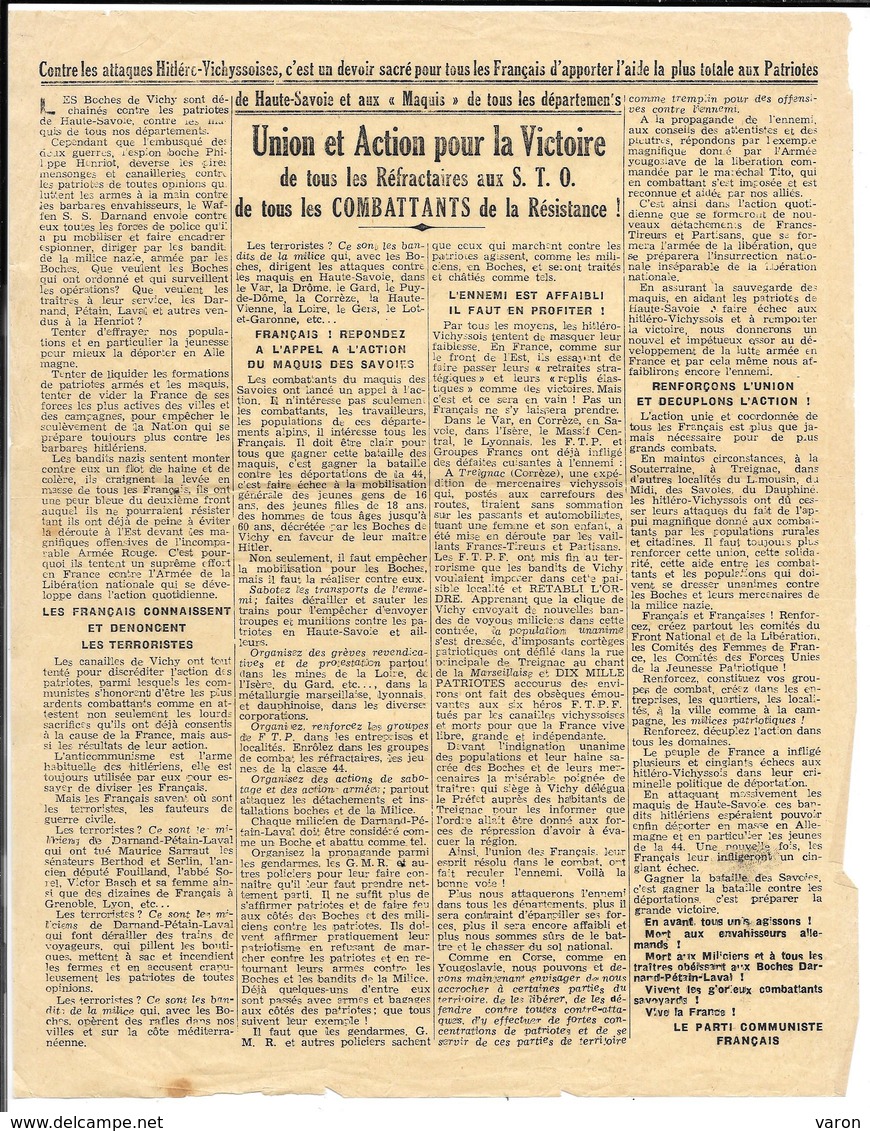 Tract Authentique Années 40 - PARTI COMMUNISTE FRANCAIS - UNION ET ACTION Pour La VICTOIRE Des  REFRACTAIRES Aux S.T.O. - Documents Historiques