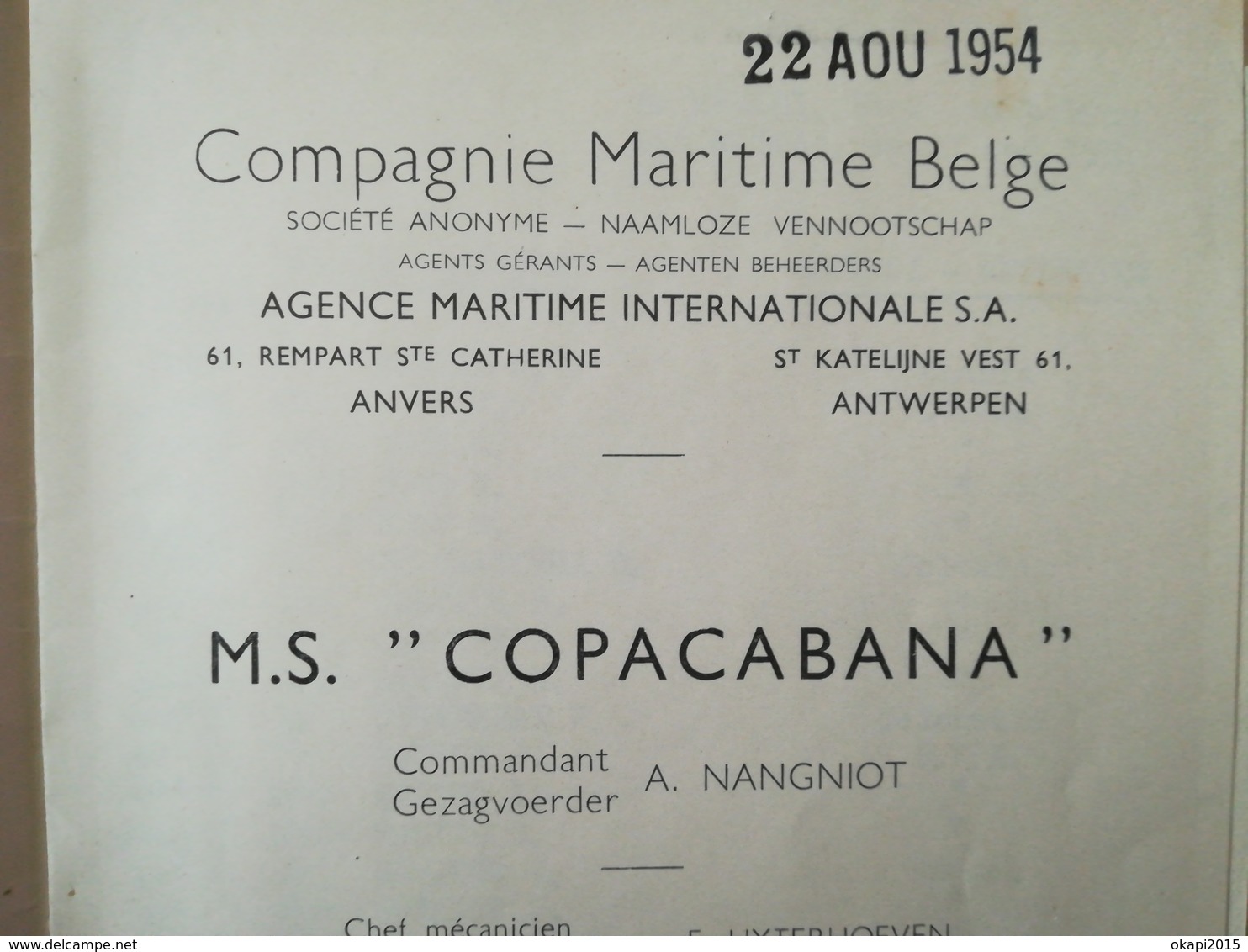 M/V M. S. COPACABANA BATEAU COMPAGNIE MARITIME BELGE LOT 7 VIEUX PAPIERS VOYAGE CONGO + CARTE POSTALE USAGÉE - Collezioni