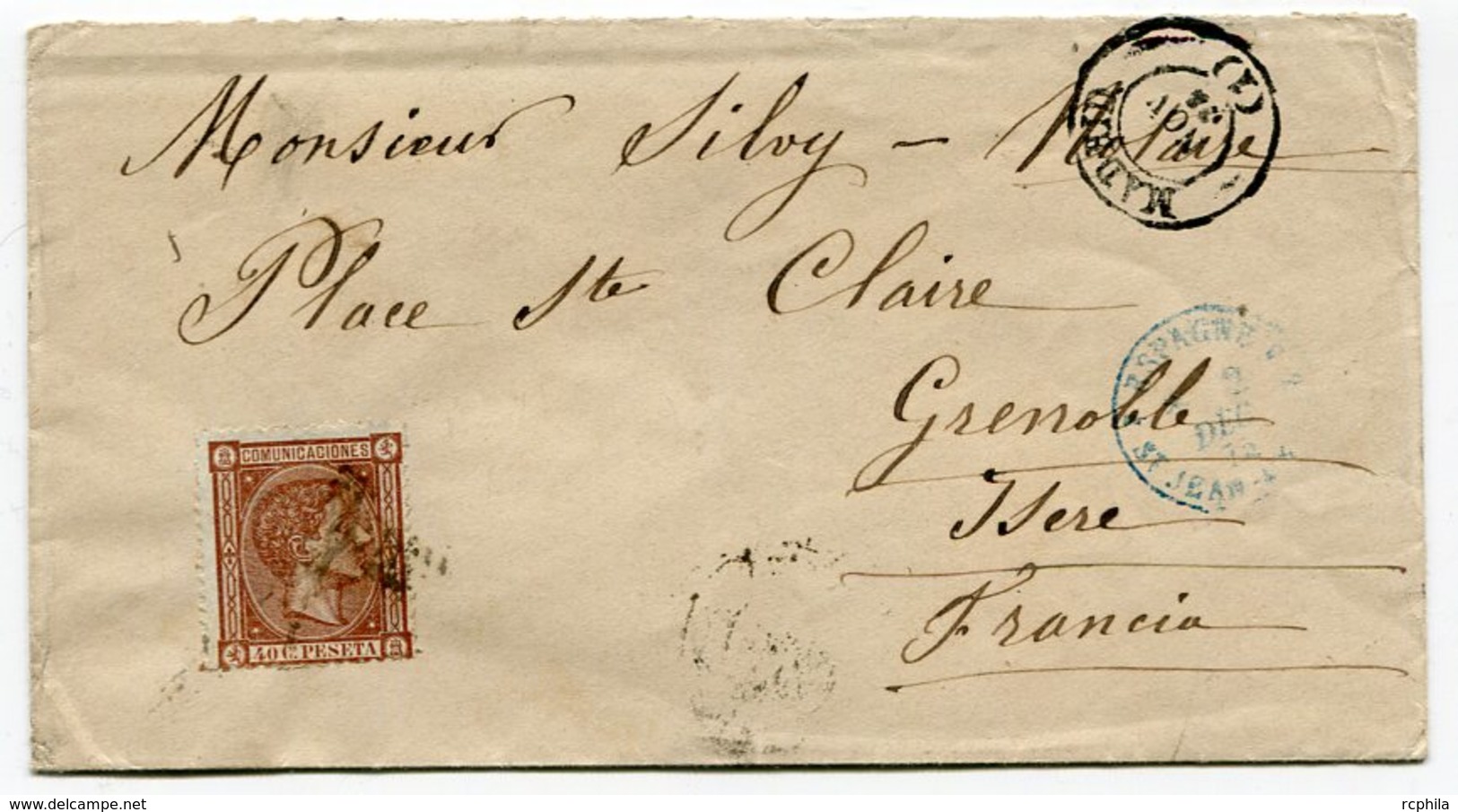 RC 11399 ESPAGNE 1875 - 40c SUR LETTRE DE MADRID POUR GRENOBLE FRANCE TB - Lettres & Documents