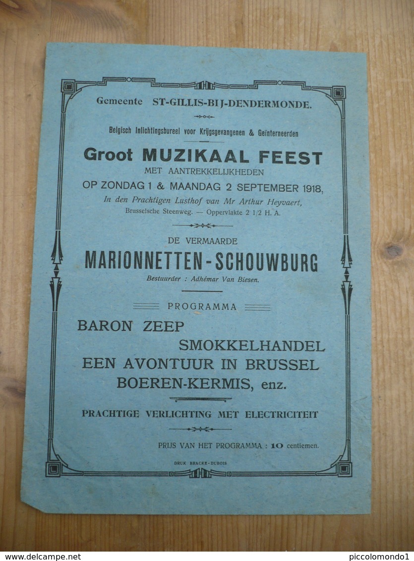 Eerste Wereldoorlog Sint Gillis Dendermonde Voor Krijgsgevangenen Muzikaal Feest September 1918 - Affiches