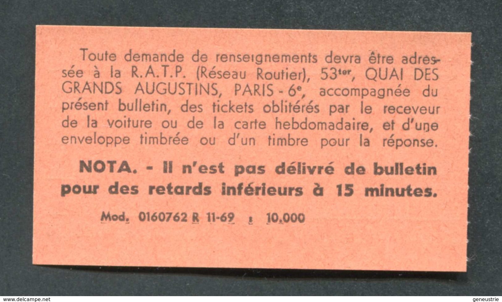 Bulletin De Retard RATP - Années 60/70 - Ticket De Métro - RER - Autres & Non Classés