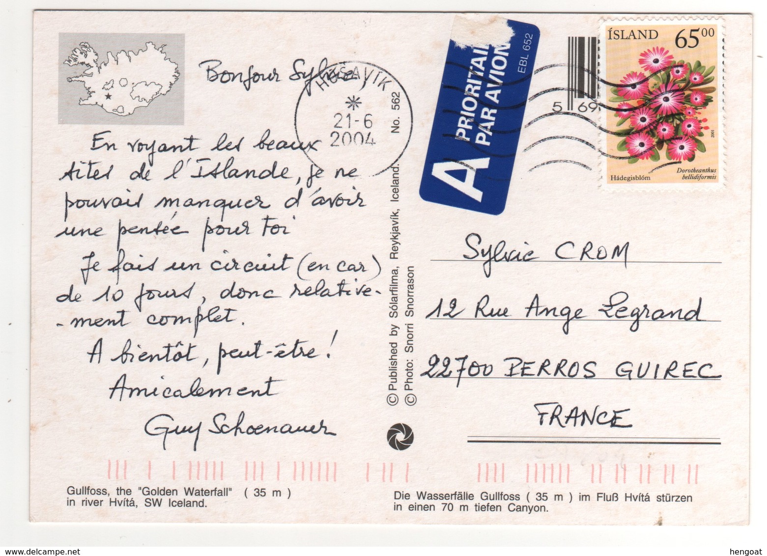 Timbre , Stamp " Fleurs " Sur CP , Carte , Postcard Du 21/06/2004 Pour La France - Storia Postale