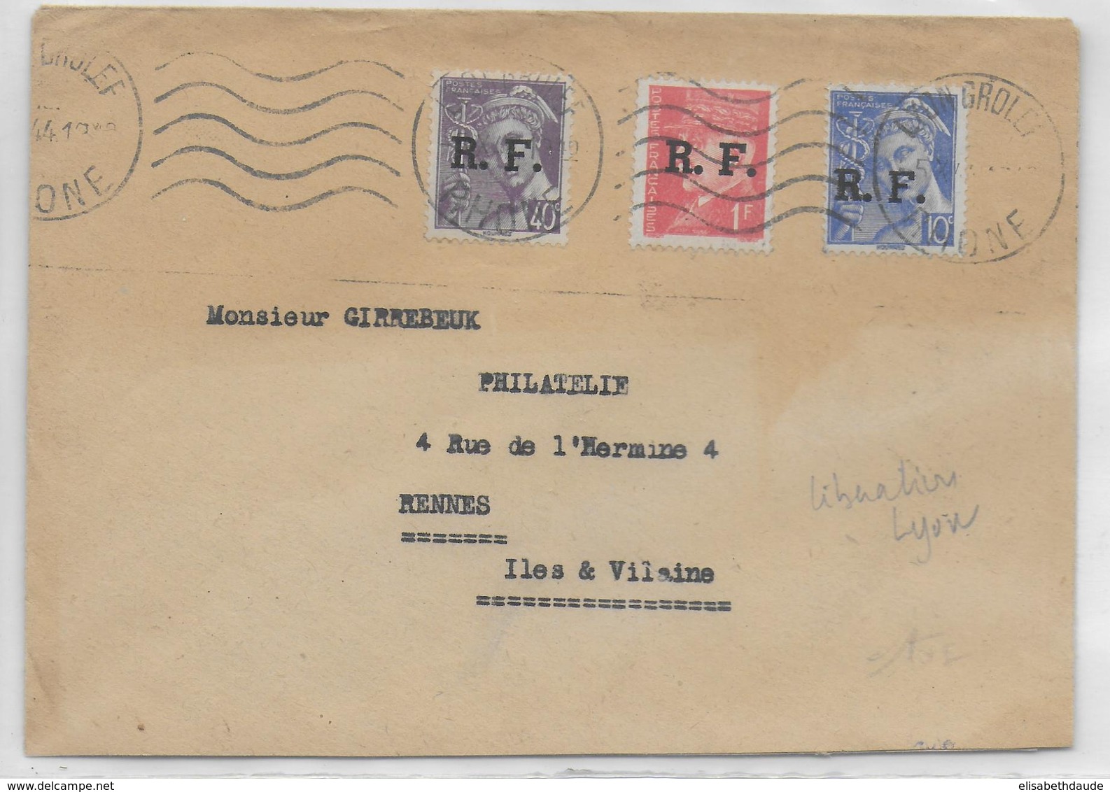 1944 - LIBERATION - ENVELOPPE Avec PETAIN Et MERCURE SURCHARGES RF De LYON => RENNES - 2. Weltkrieg 1939-1945