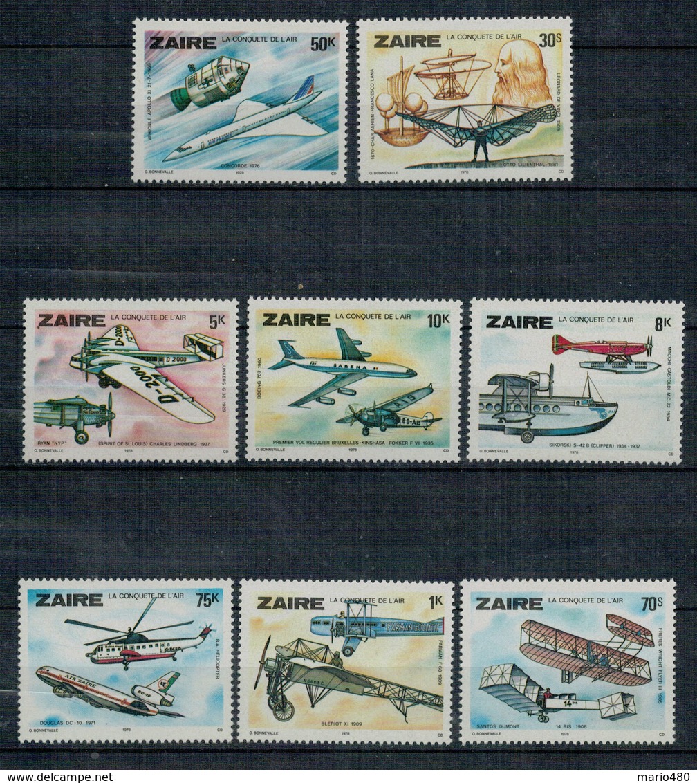 ZAIRE   1978    STORIA  DELL'AVIAZIONE  LA  CONQUISTA  DELL'ARIA      MNH**   SET X 8 - Nuovi