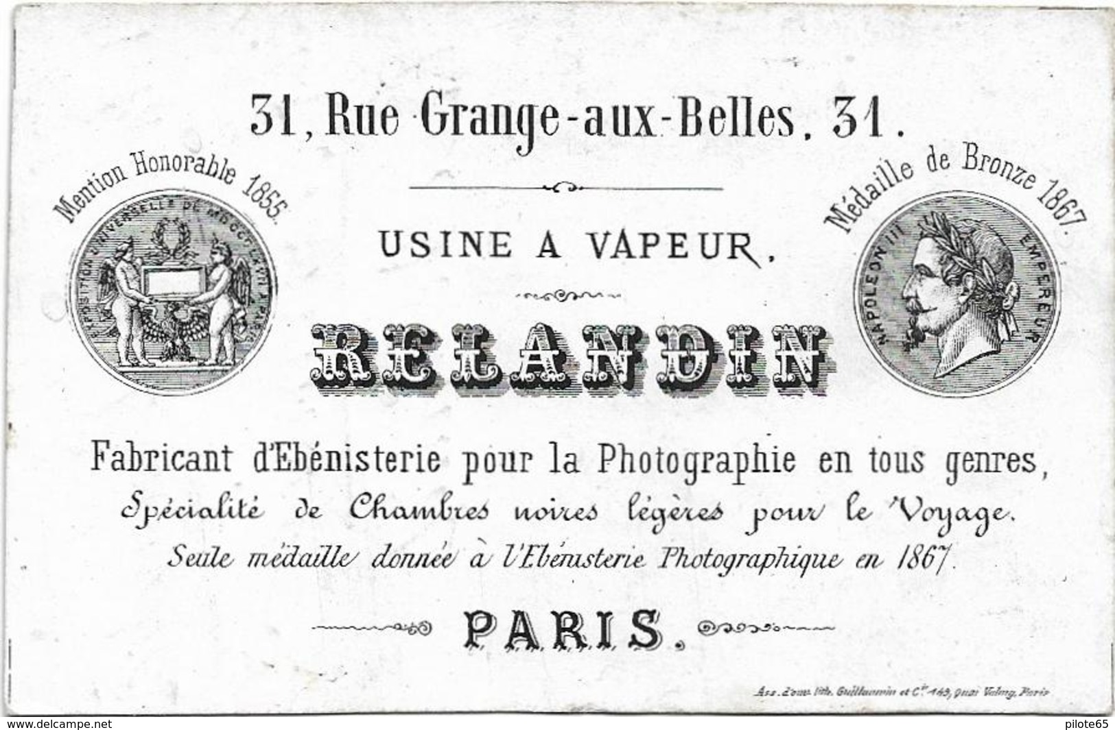 USINE A VAPEUR RELANDIN 31, RUE GRANGES - AUX - BELLES, 31 PARIS 10ème / FABRICANT D' EBENISTERIE POUR LA PHOTOGRAPHIE - Petits Métiers