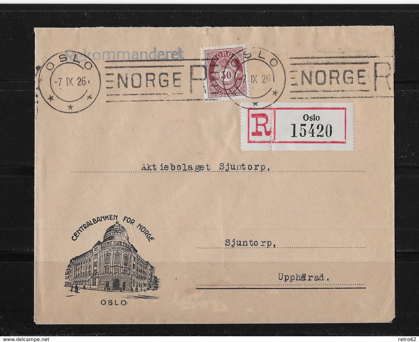 1926 Norwegen R Brief Oslo Upphärad Schweden - Lettres & Documents