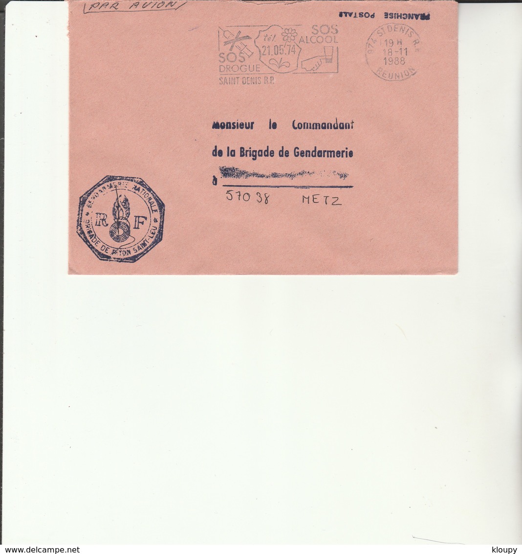 L 3 -  Enveloppe Gendarmerie Du Piton St Leu   Poste SAINT DENIS - Réunion - Drogue - Alcool - Cachets Militaires A Partir De 1900 (hors Guerres)