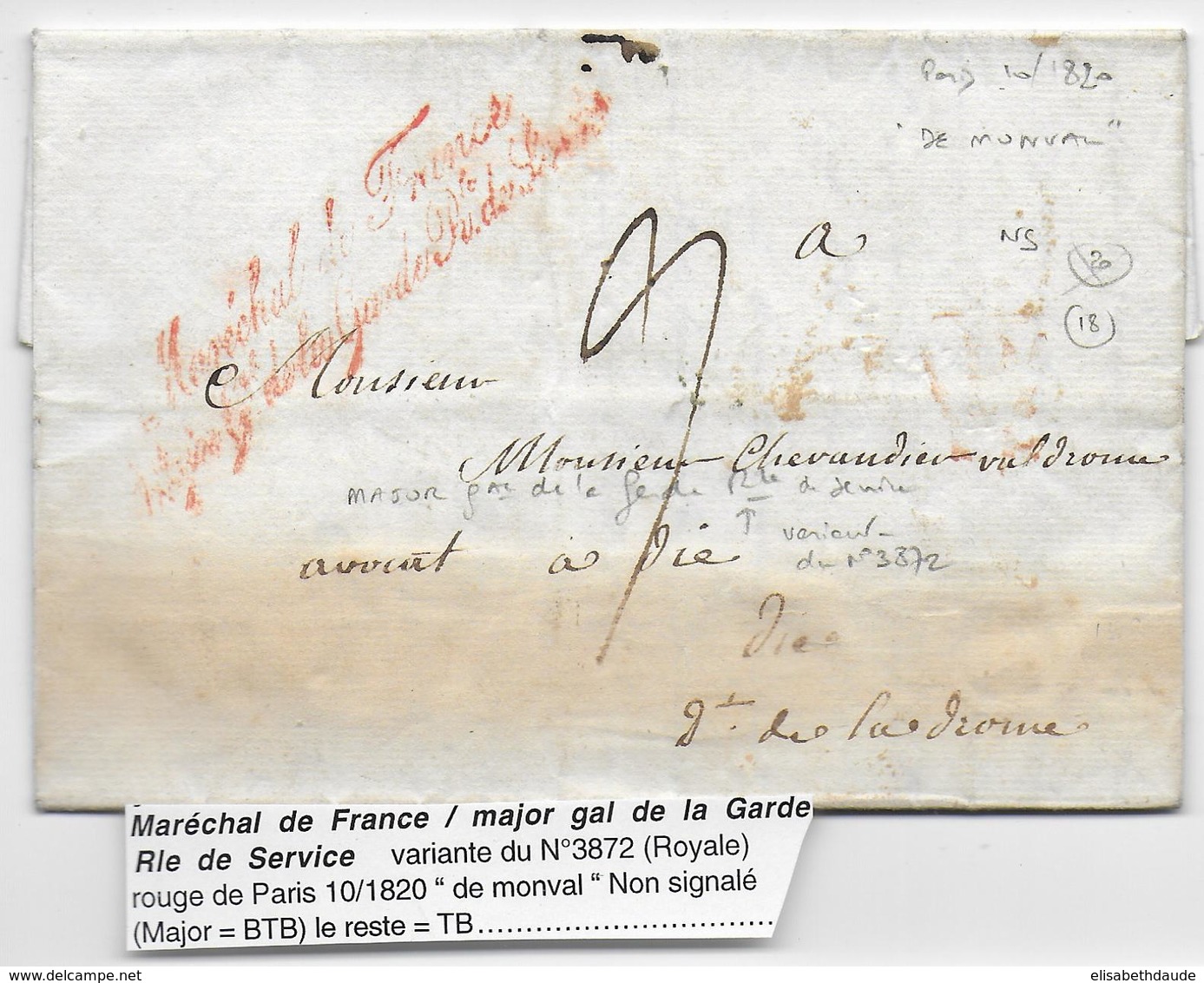 1820 - LETTRE - RARE MARQUE Du MARECHAL De FRANCE / MAJOR Gal De La GARDE ROYALE De SERVICE (de MONVAL)=> DIE (DROME) - 1801-1848: Précurseurs XIX