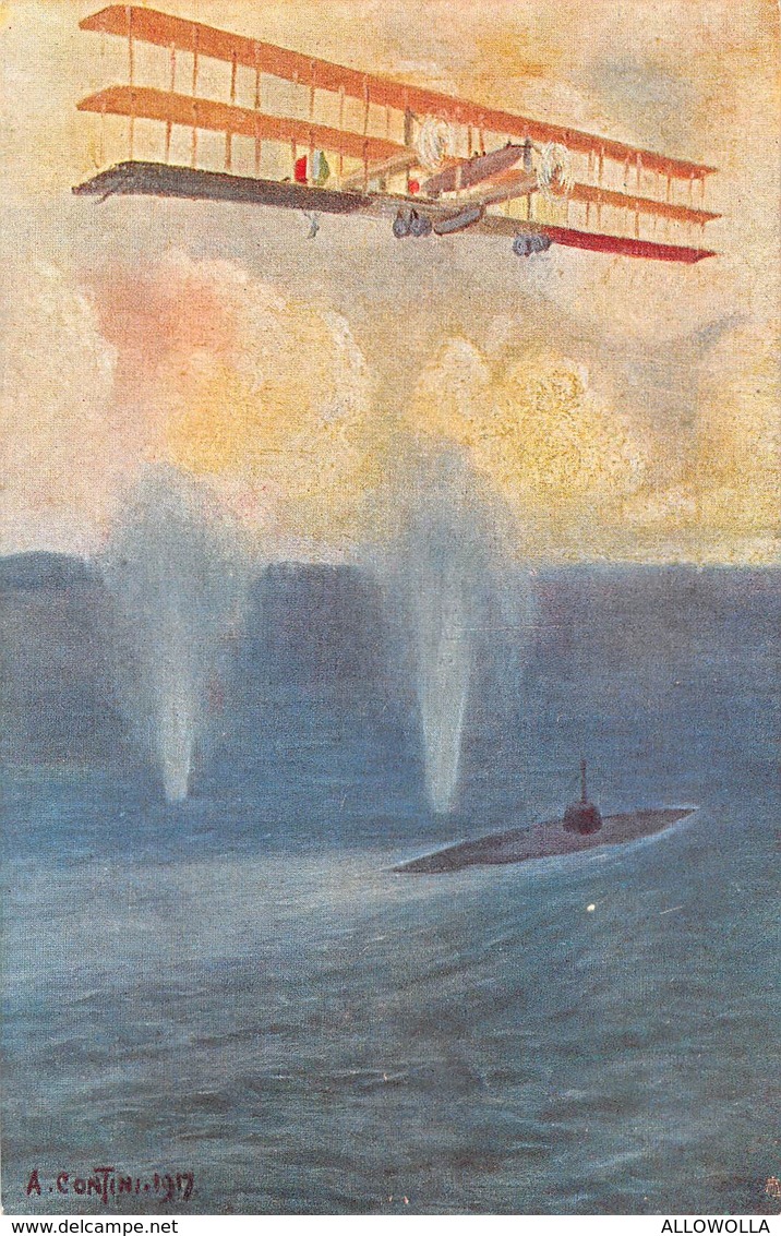 2276 "SOMMERGIBILE ATTACCATO DA UN TRIPLANO CAPRONI-IMPRESSIONI DI VOLO TEN. CONTINI" CART.POST. ILL. ORIG. NON  SPED. - Guerre 1914-18