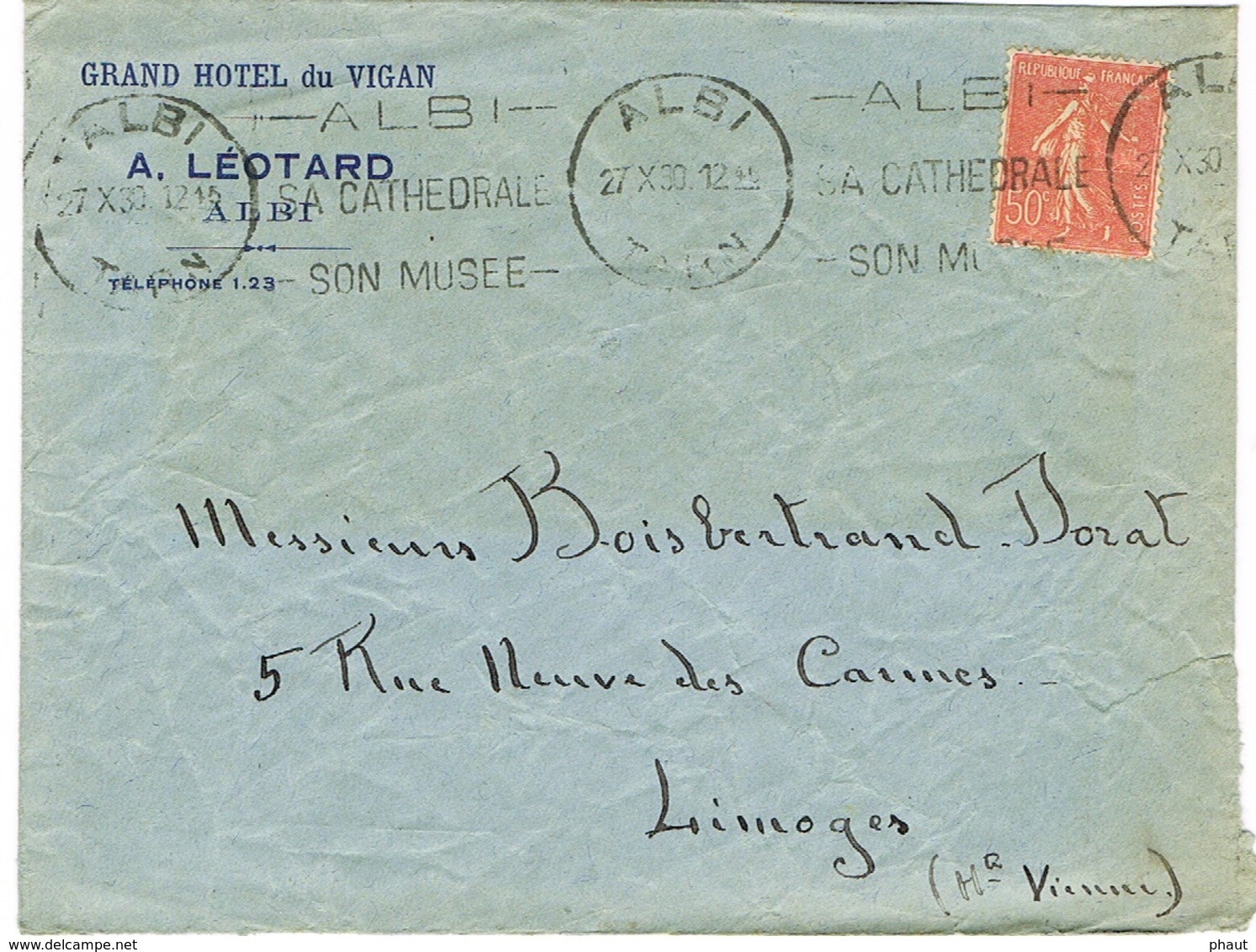 ENVELOPPE  A EN-TETE GRAND HOTEL DU VIGAN A LEOTARD ALBI - 1921-1960: Période Moderne