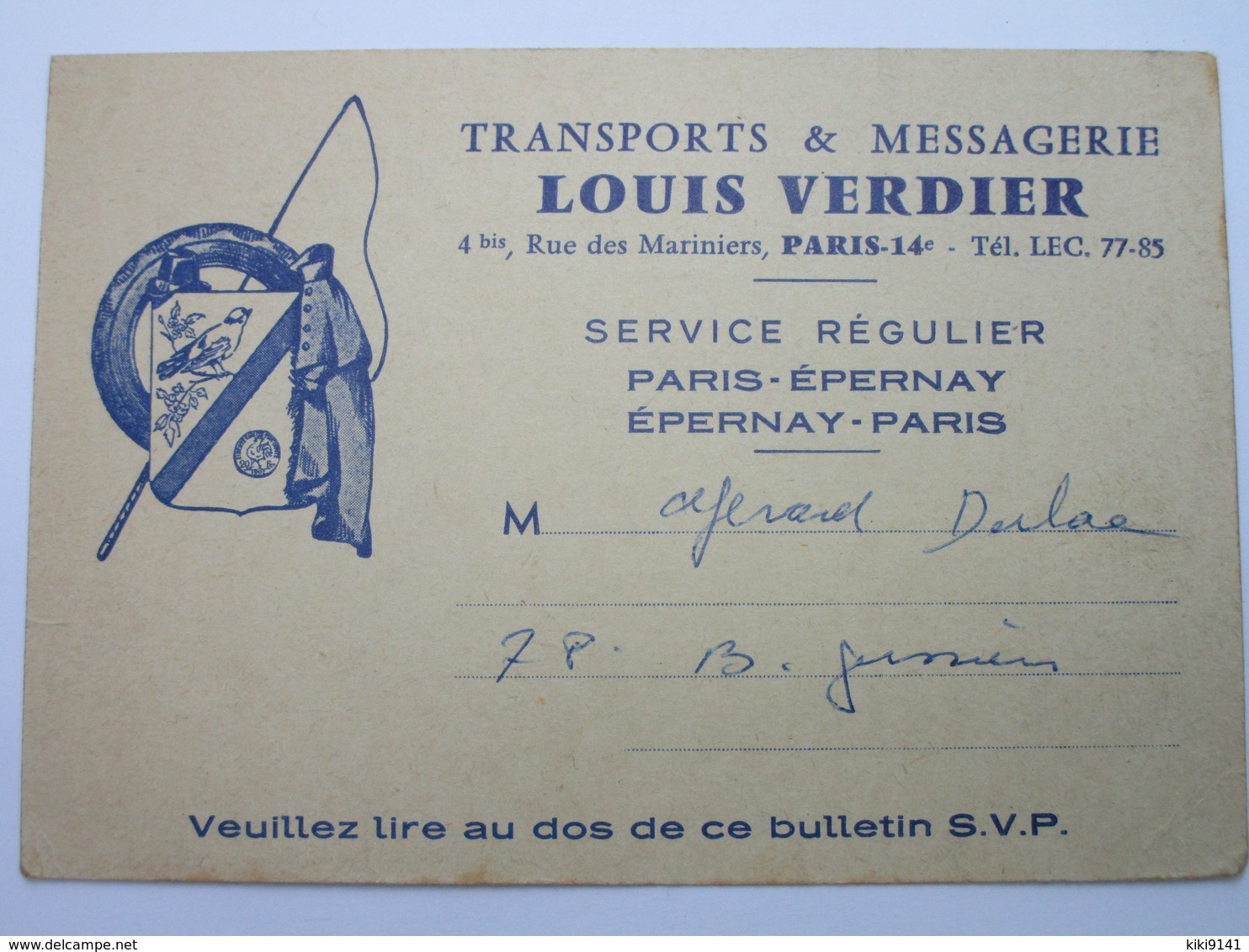 Transports & Messagerie LOUIS VERDIER - 4 Bis, Rue Des Mariniers - AVIS DE PASSAGE - Distrito: 14