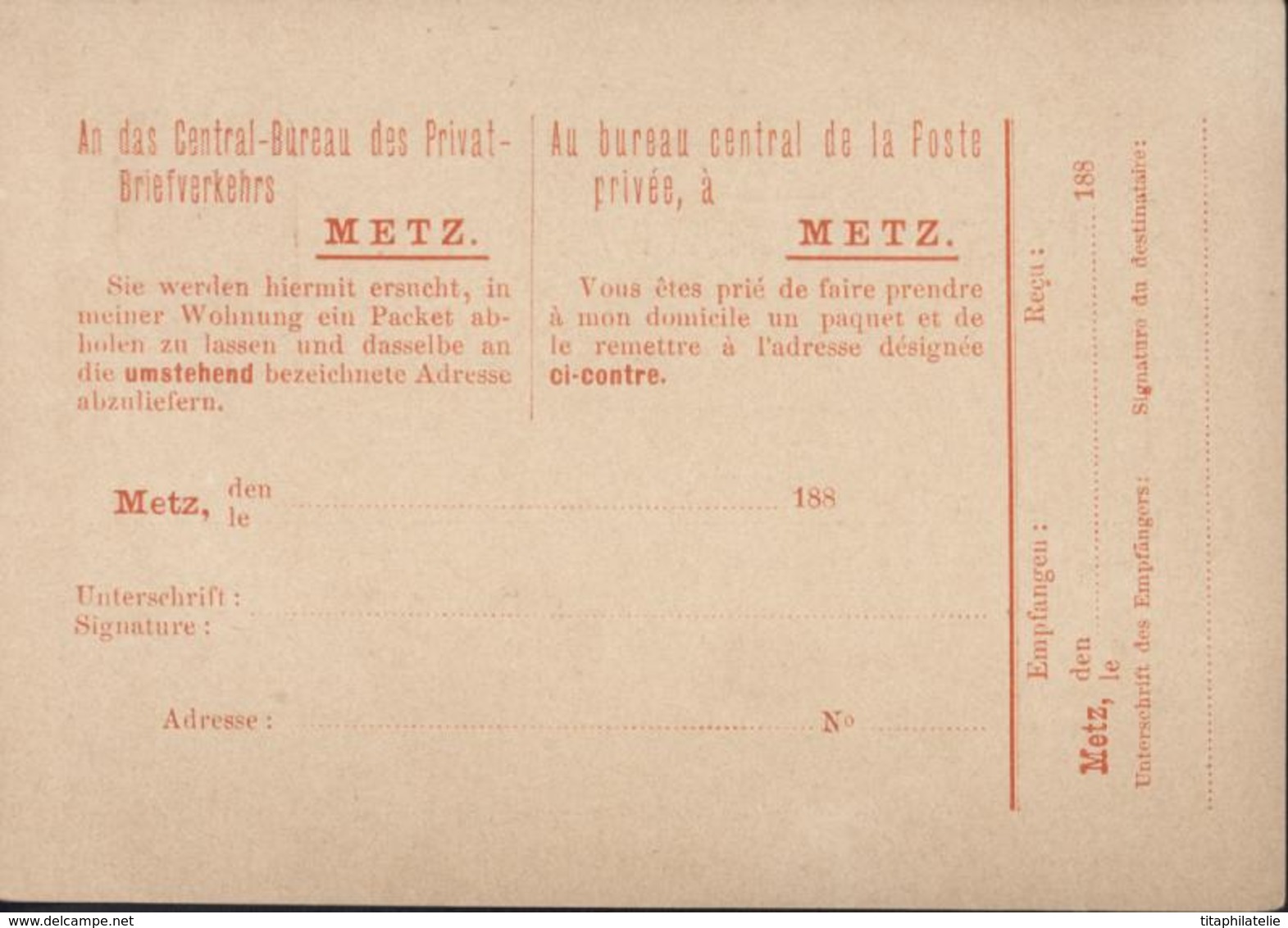 France Alsace Lorraine Entier Style YT 9 Michel Privat Postmarken 1885 Rouge  Expédition Lettre Privée Metz - Autres & Non Classés