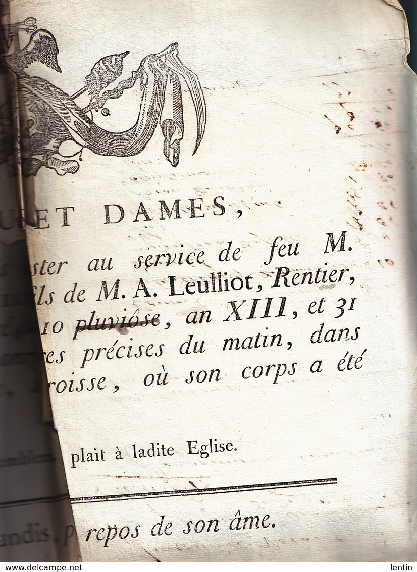 Placard Mortuaire - Jean François Leulliot, 31 Déc 1804, Eglise Saint Pierre (Calais ?) - Obituary Notices