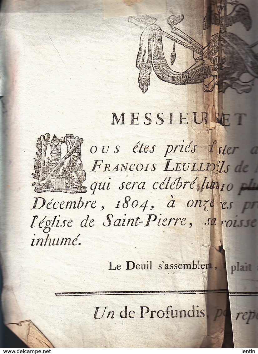 Placard Mortuaire - Jean François Leulliot, 31 Déc 1804, Eglise Saint Pierre (Calais ?) - Obituary Notices