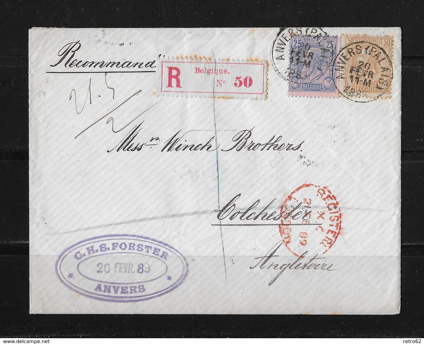 1889 Belgien R-Brief Anvers Colchester Großbritannien - 1884-1891 Léopold II