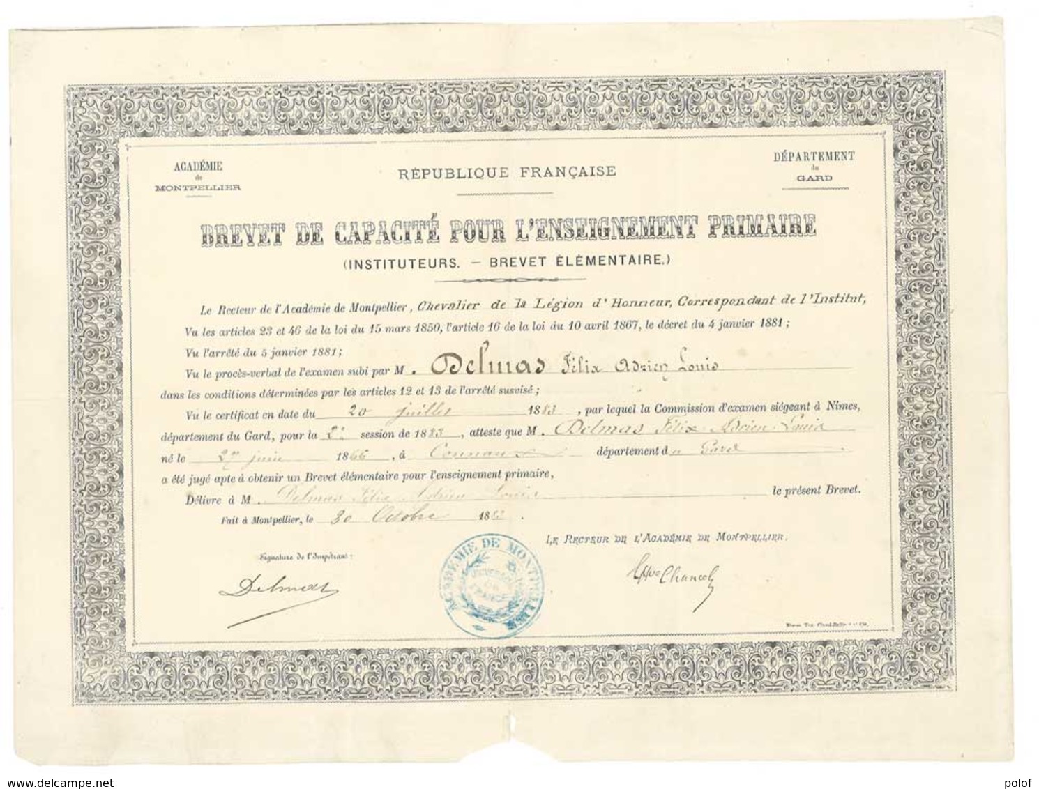 Brevet De Capacité Pour L' Enseignement Primaire (Académie De Montpellier)   (VP 825)) - Diplômes & Bulletins Scolaires