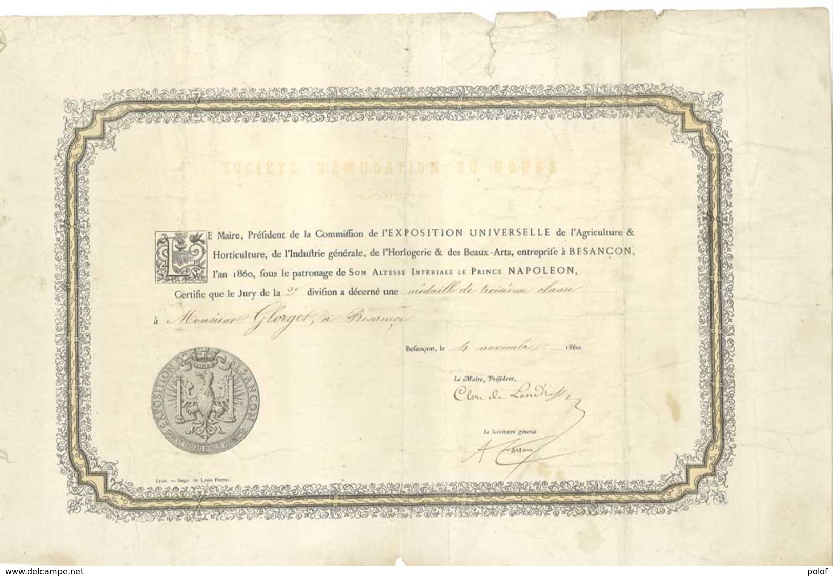 Atribution De Médaille Par Le Prince Napoléon-Expo Universelle De L'agriculture & Horticulture. Befançon 1860  (VP 826)) - Diplômes & Bulletins Scolaires