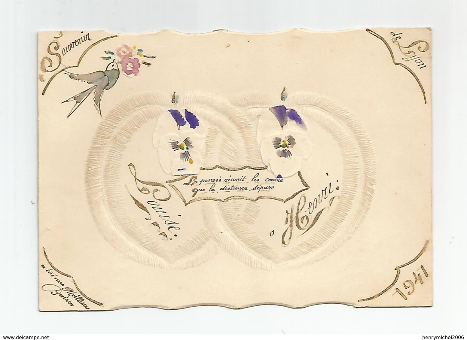 Carte Amateur Fantaisie Ajoutis Noce Coeur Enlacée Souvenir De Lyon 1941 écrit Plus De Légumes Ni De Vin... - Matrimonios