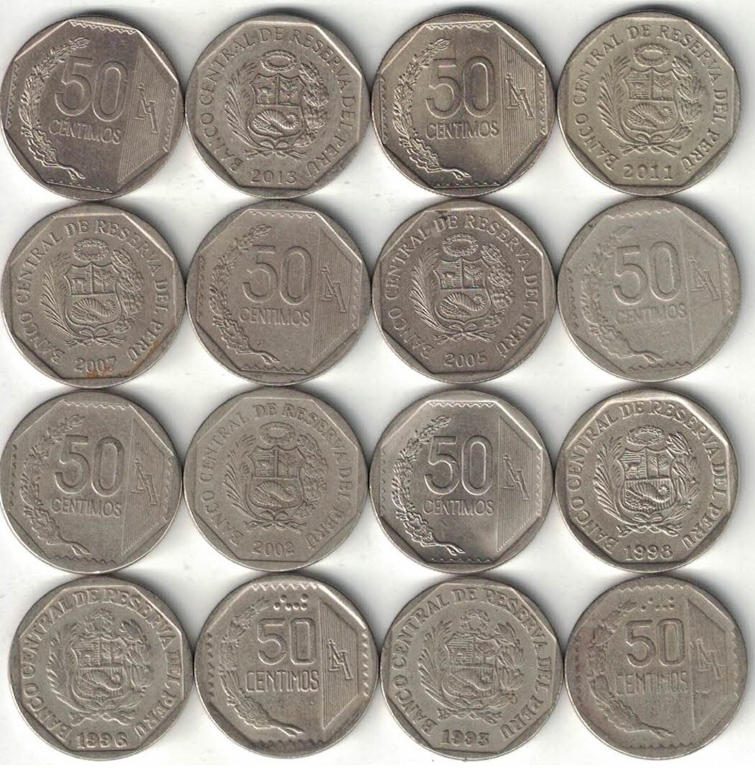Peru Collection Of 16x 50 Centimos Coins 1991-2014 All Listed & Different - Peru