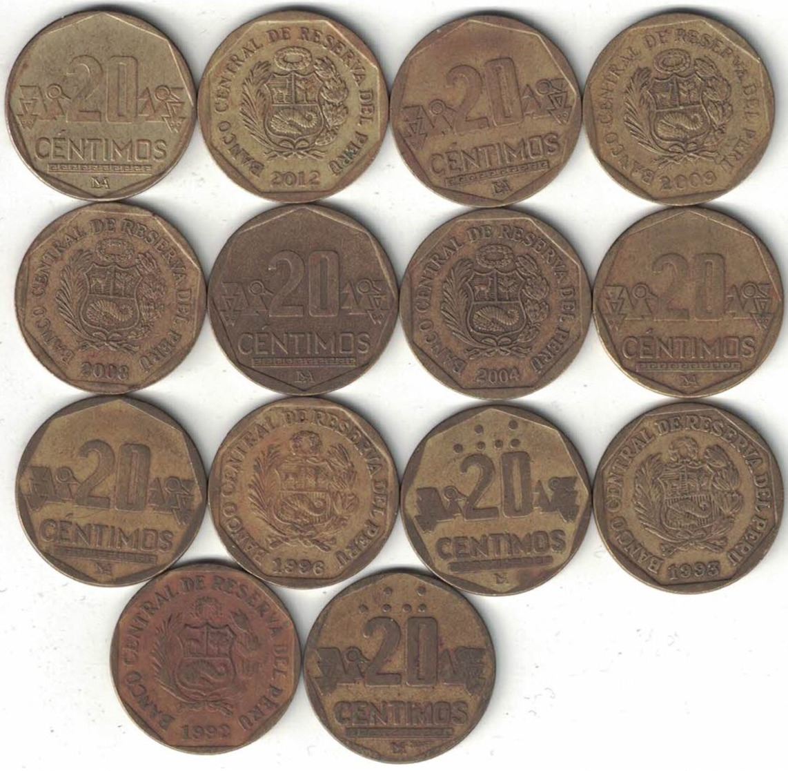 Peru Collection Of 12x 20 Centimos Coins 1991-2015 All Listed & Different - Peru