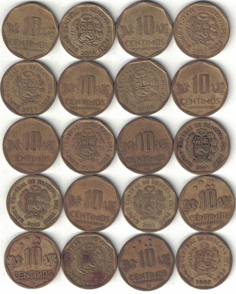 Peru Collection Of 20x 10 Centimos Coins 1993-2016 All Listed & Different - Peru