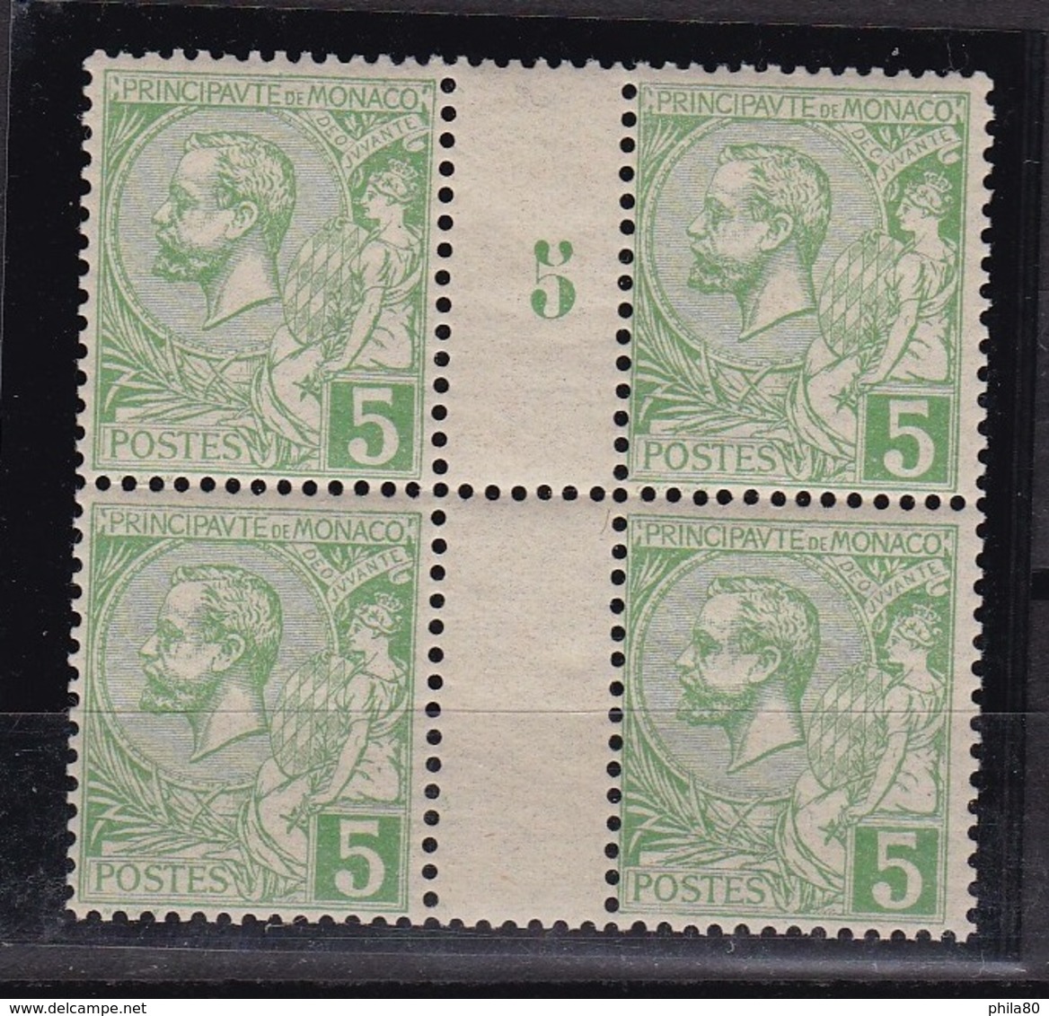 Monaco N°22 ** En Bloc De 4 + Mill 5 + Signature Absente Sur 1 Timbre - Used Stamps