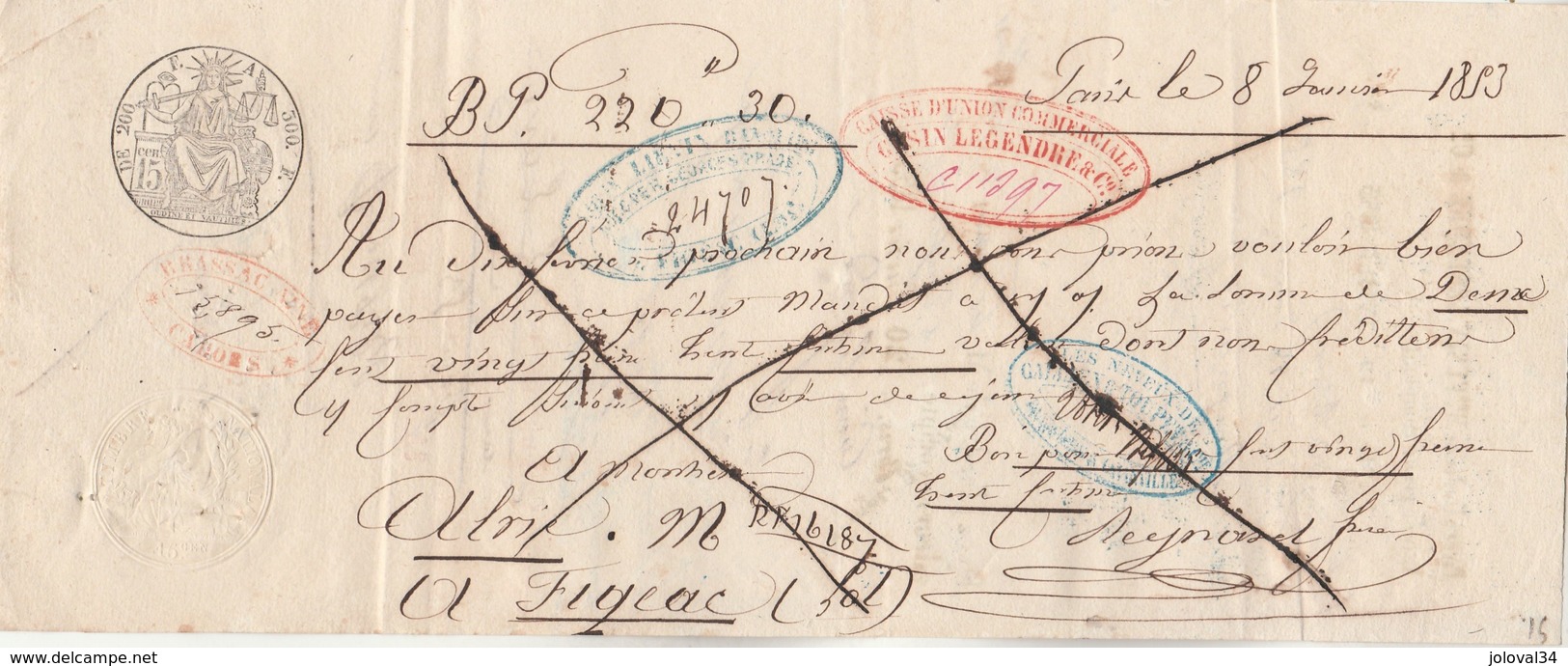 Billet à Ordre Manuscrit 8/1/1853 ALRIQ Figeac Lot - Régnard Frères Paris - Cachet Fiscal - 1800 – 1899