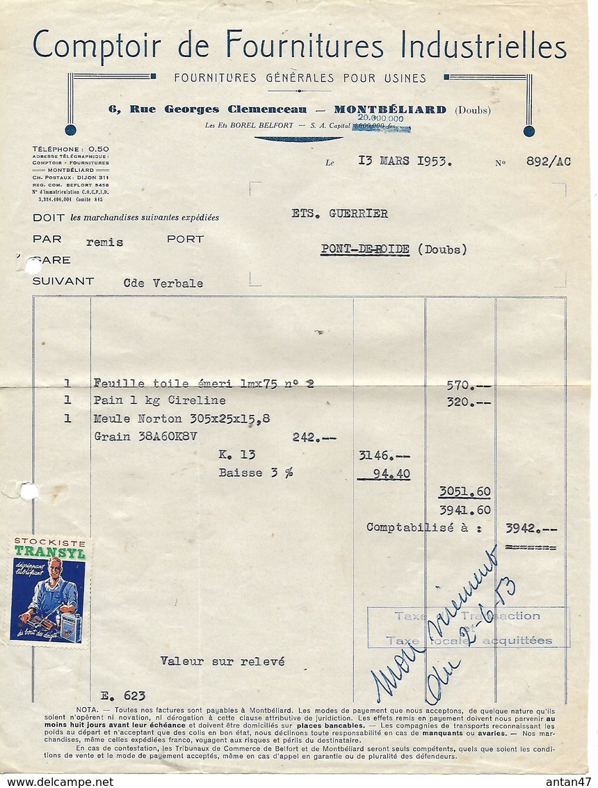 Facture Avec Vignette TRANSYL 1953 / 25 MONTBELIARD / Fournitures Industrielles - Vignetten (Erinnophilie)