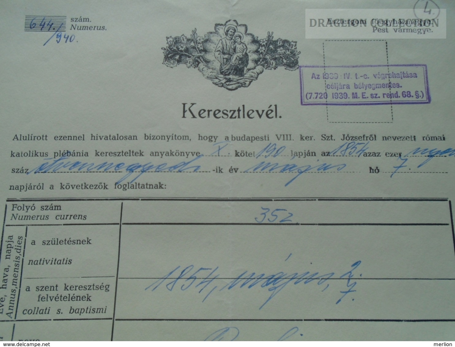 ZA179.11  Old Document-  Judaica - WWII - Jewish Law - 1940 Budapest- Csak Zsidó Törvénnyel Kapcsolatban érvényes - Birth & Baptism
