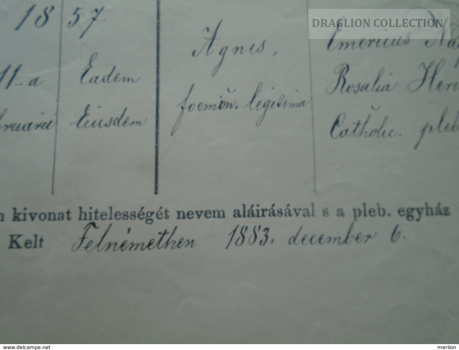 ZA179.12  Old Document- Hungary  -Felnémet -Eger - Agnes (1857) NAGY -Herengen - Szarvaskő - Puchlin Kázmér P. 1883 - Birth & Baptism