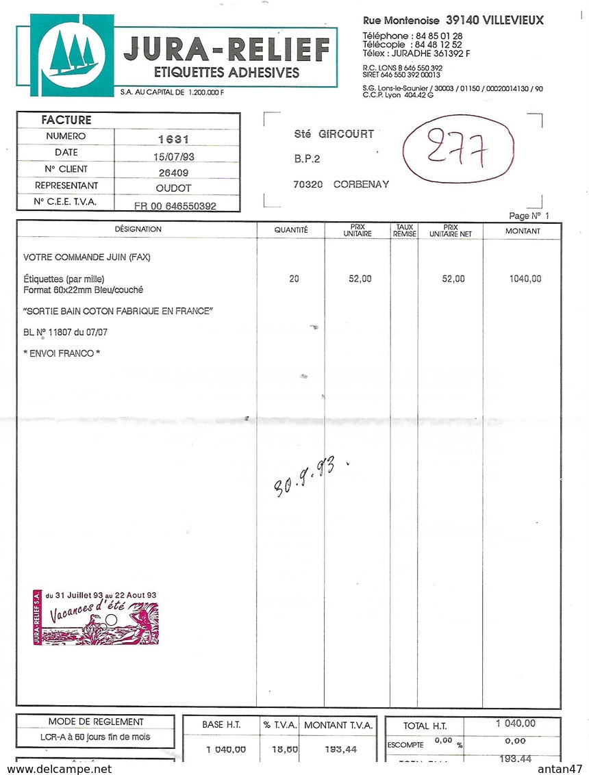 Facture Avec Vignette Congés 1993 / 39 VILLEVIEUX / Jura Relief / Etiquettes Adhésives - Vignetten (Erinnophilie)
