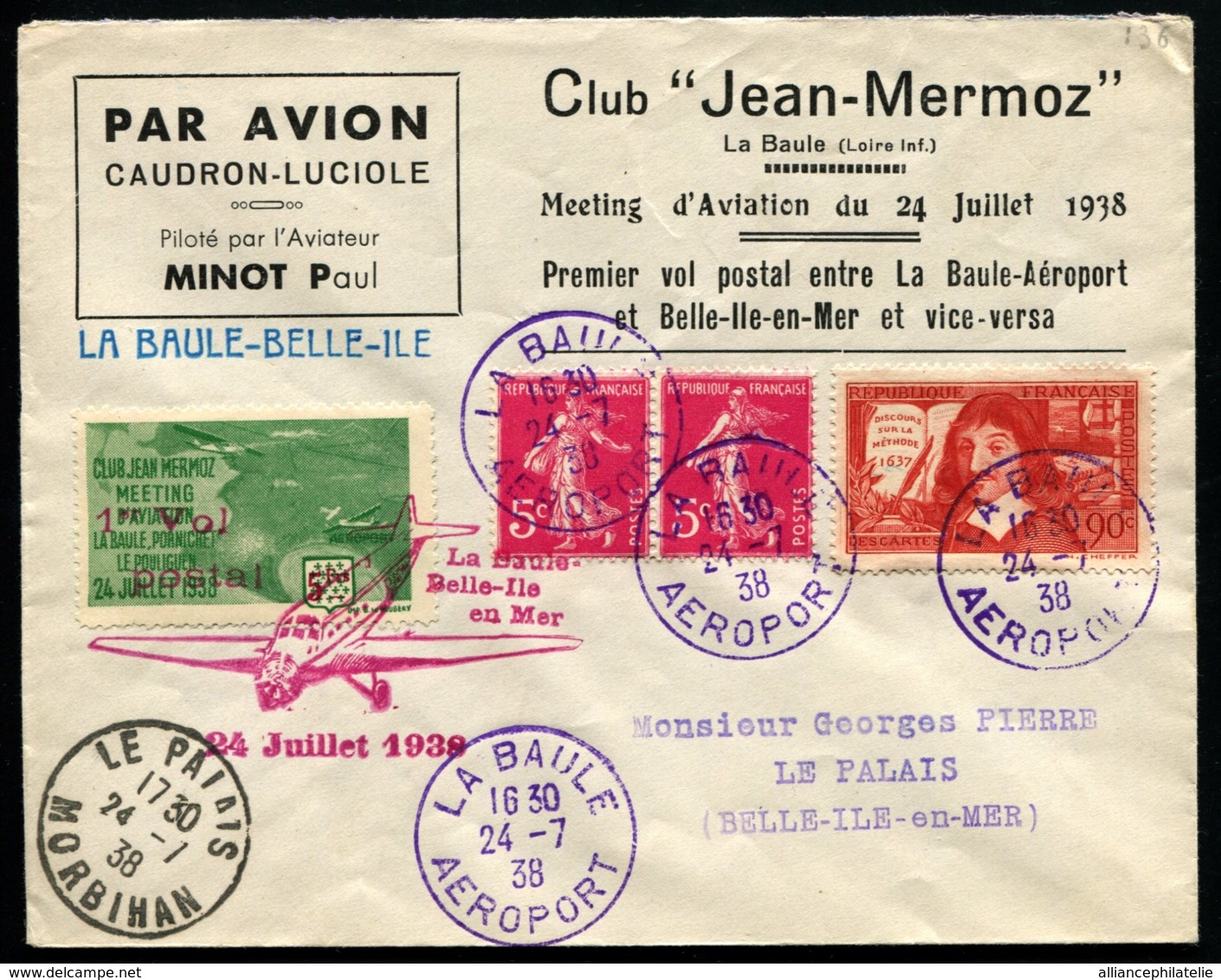 MEETING D'AVIATION LA BAULE Du 24 JUILLET 1938 - Affrt Composé + Vignette S/env. Du Meeting - TB - 1927-1959 Storia Postale