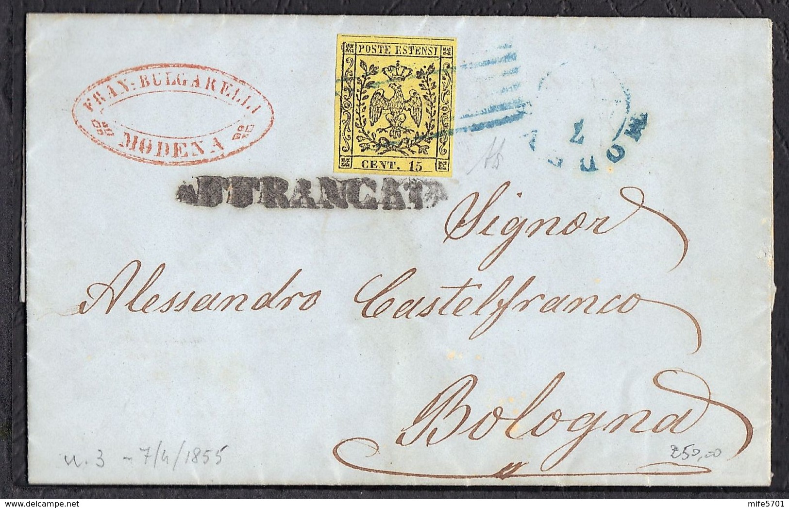 PIEGO CON CENT. 15 NERO SU GIALLO DA MODENA A BOLOGNA 7/4/1855 - CATALOGO SASSONE N. 3 - DUCATO DI MODENA - Modena